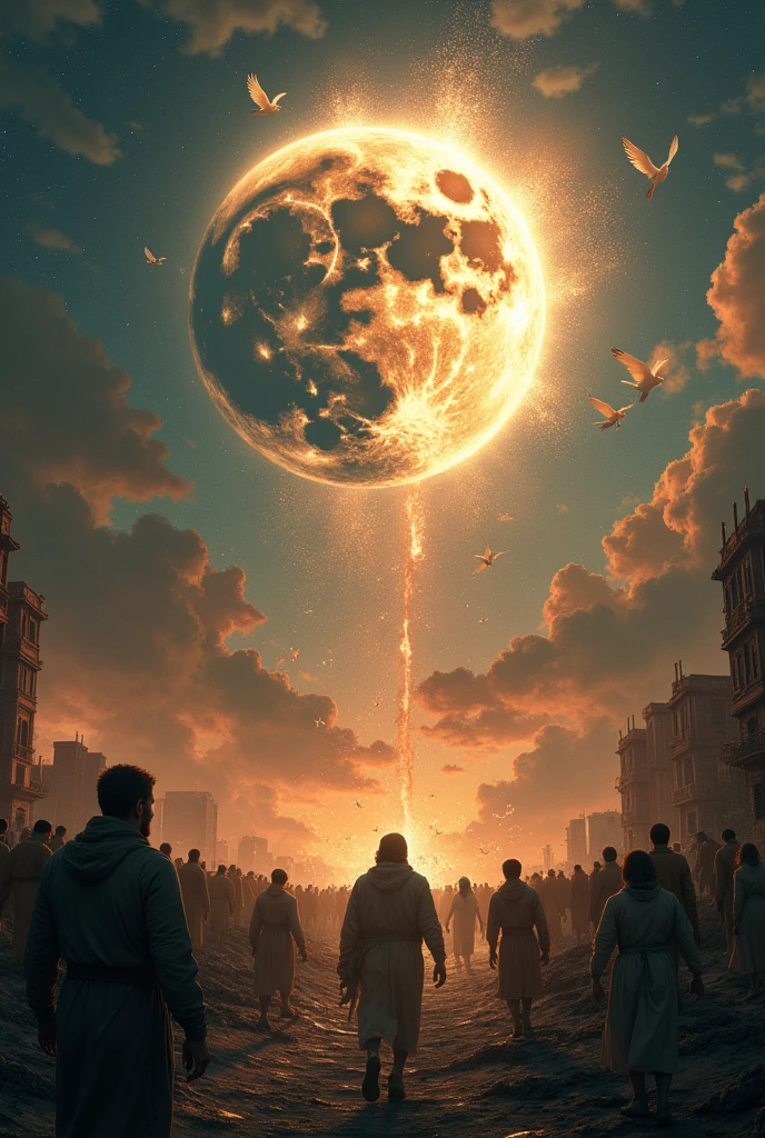 Apocalyptic scene, at night the moon collides with the earth in fire, thousands of angels fall from the clouds to the earth, rocks fly, people scream.