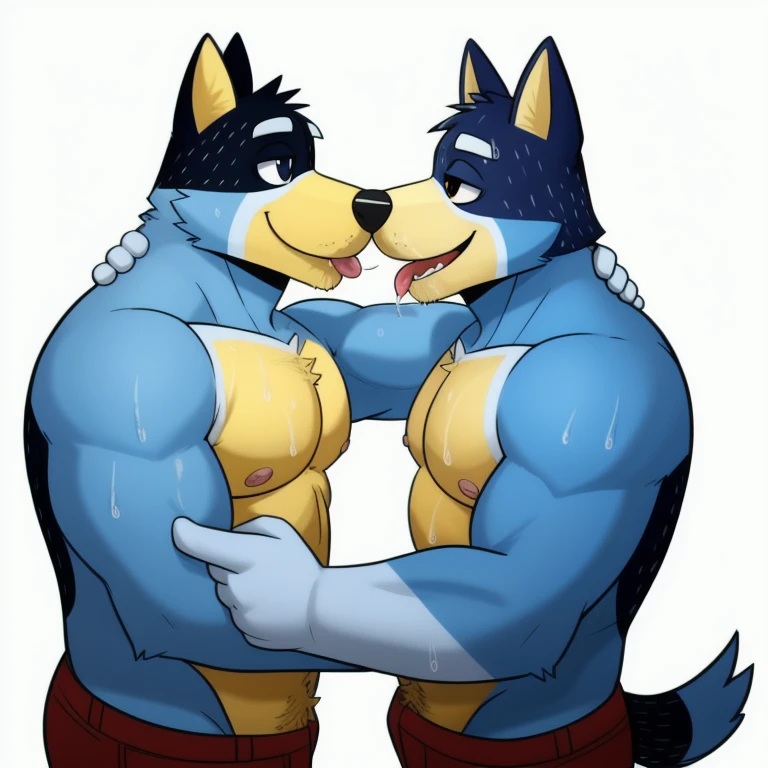 masterpiece, best quality, bandit heeler, shirtless, pecs, sweaty, nipples, wearing jeans,blue body, yellow torso, twitchemote, happy, dog, snout, eyelids, cool, detailed, white background, soyjaks, duo, pointing, tongue, saliva sting, after kissing