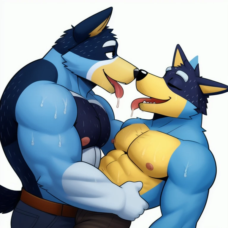 masterpiece, best quality,  bandit heeler, shirtless, pecs, sweaty, nipples, wearing jeans,blue body, yellow torso, twitchemote, happy, dog, snout, eyelids, cool, detailed, white background, soyjaks, duo, pointing, tongue, saliva sting, after kissing
