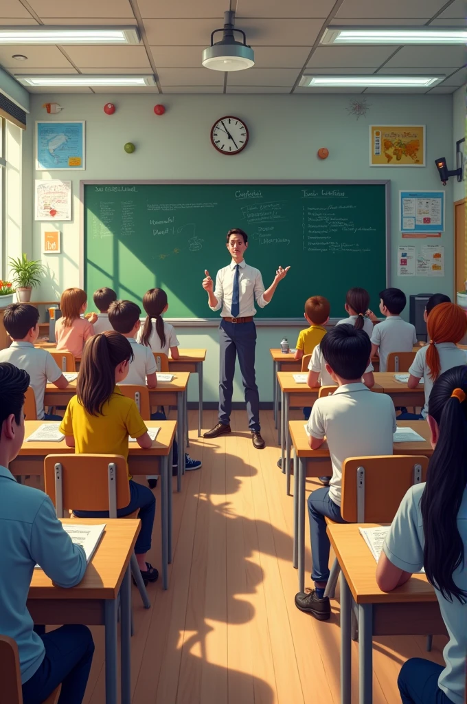 A classroom full of classes and a teacher in front of the blackboard