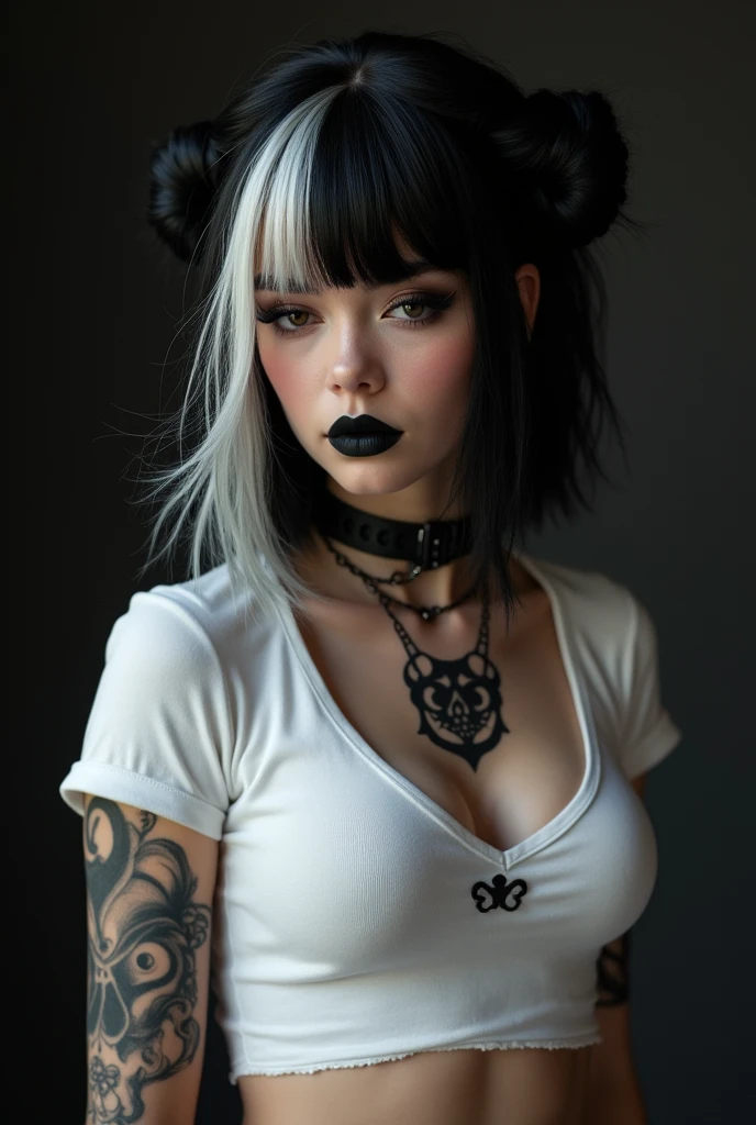 drop dead gorgeous gothic girl, looking downwards, 1, German and Mexican mix, wearing a white too short t-shirt, skull tattoos, black lipstick, flat chest, short black hair with white highlights, twisted half-up half-down, seductive facial expression, looking downwards 