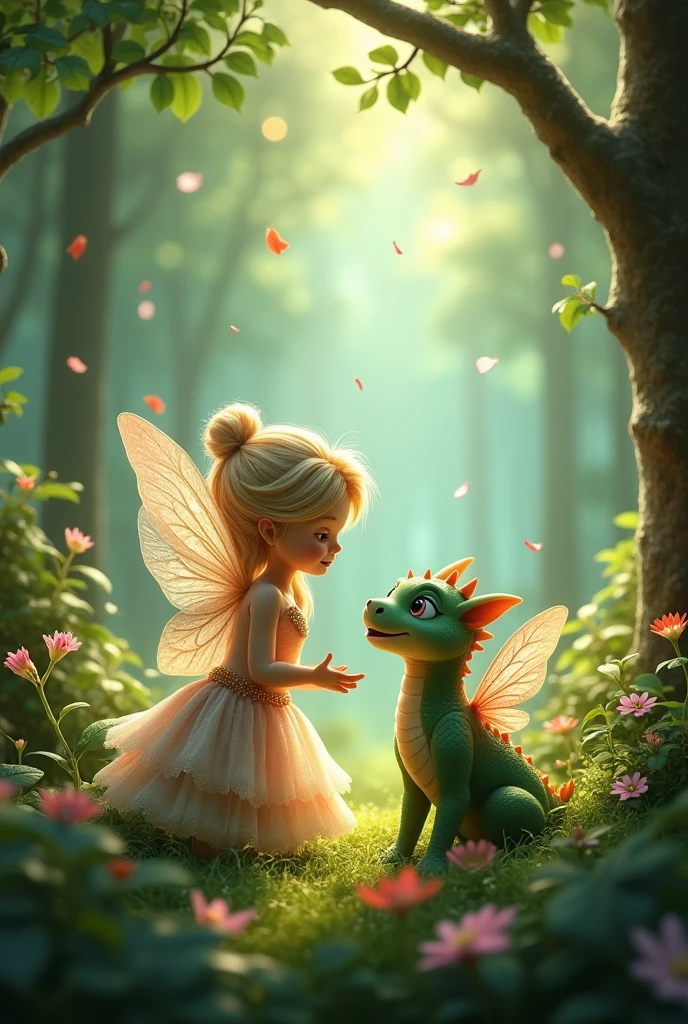 Give the same picture with a fairy with a pet talking to each other