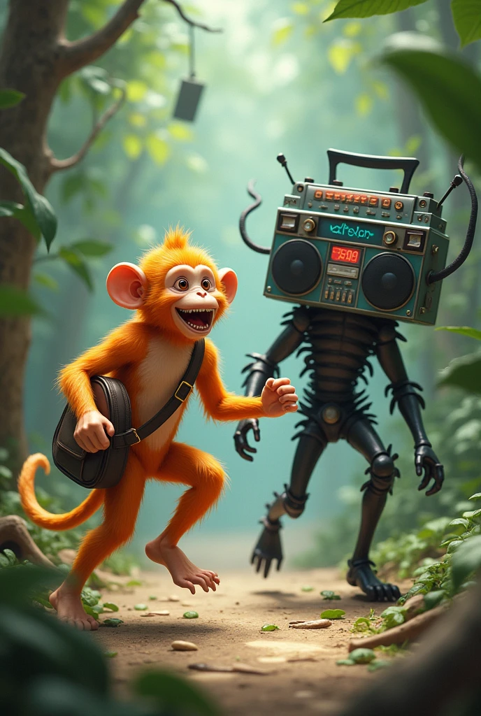 Make a image about a orange monkey with NO LEGS and no clothes with a book bag that looks like it’s for the jungle running from a boombox monster with black skinny legs and black skinny arms head and torso will be a boombox