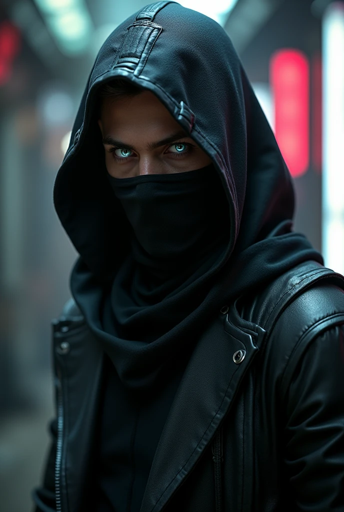 male character, with black mask, white eyes, cyberpuk, character facing forward, with hood,