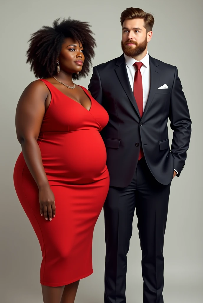 women, brown skin color, high, weight 180 pounds, dark brown curly hair, Almond eyes with double eyelids, few eyebrows, hourglass body, mole almost in the middle of the eyebrows, long and slender hands, long feet size 9, dressed in a red dress, next to a tall man, Caucasian, light brown hair, light brown eyes, dressed in a formal black suit.