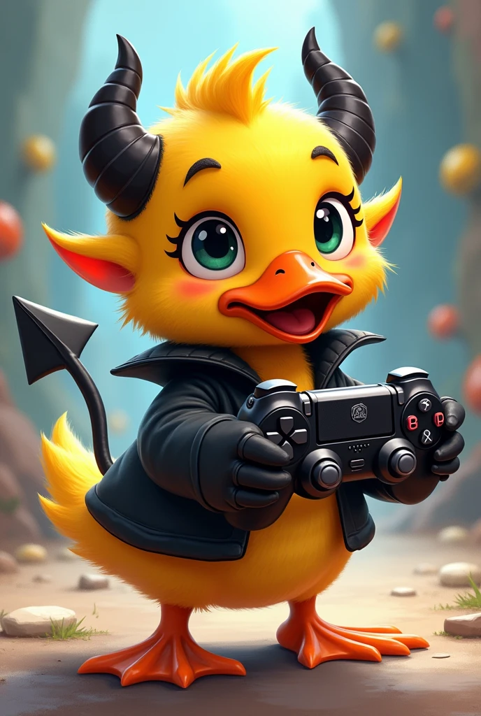 A cute cartoon duck wearing a black demon outfit with a video game controller in his hand