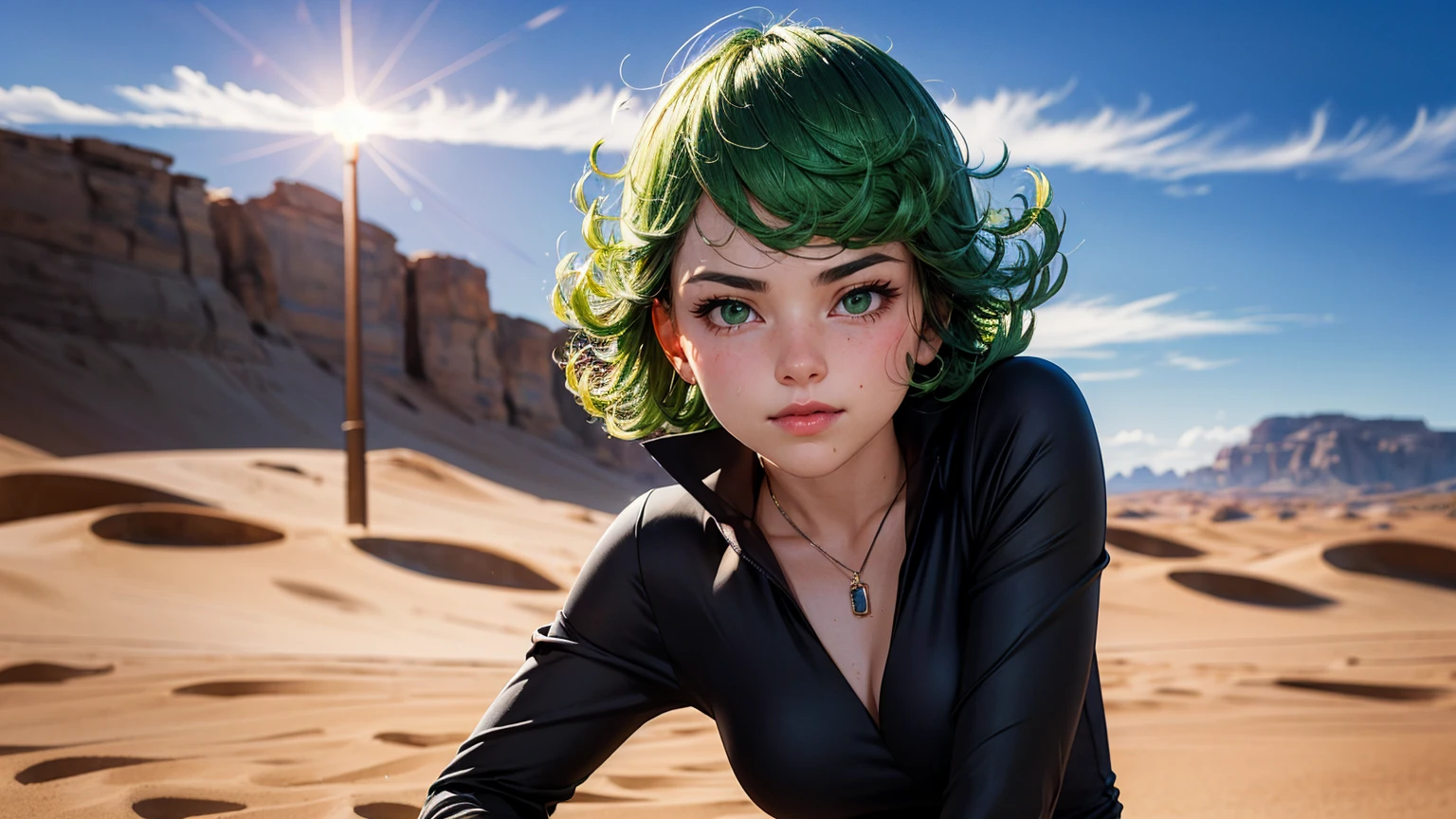 (work of art, best qualityer:1.4), (whole body), 1 girl, standing alone, out, in a desert with sand and dust, tatsumaki, (pelvic curtain:1.2), long sleeves, black gown, (hair green), shorth hair, medium breasts, beautiful smiling, beautiful  face, high-detailed face, highly-detailed eyes, highly detailed skin, skin pore, underground dispersal, realisitic pupils, full-face blush, fleshy lips, Depth of field, volumetric lighting, sharp focus, absurderes, realisitic proportions, good anatomy, (realisitic, hyperrealisitic:1.4), 16k hdr