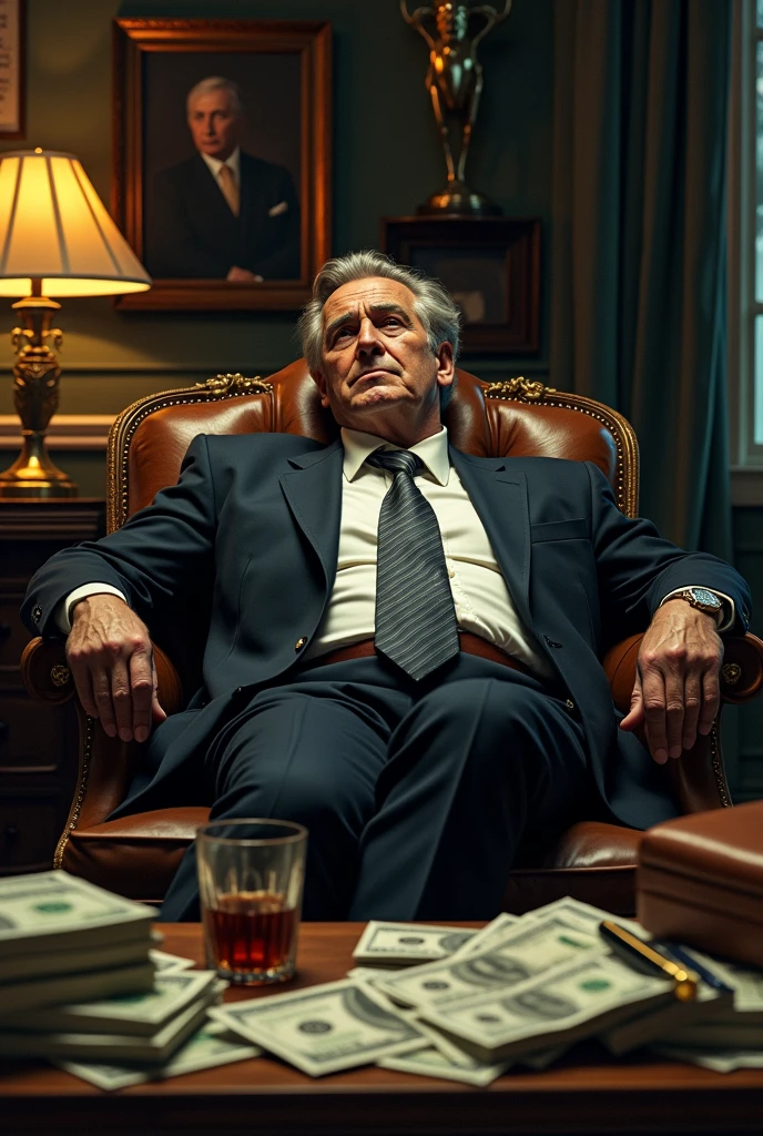 Loan shark lying on his back in his office full of money on the table