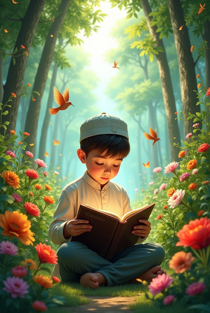 A boy her had in cap reading the Quran bagrund beautiful gerdent followers bird flying butterflies baground 