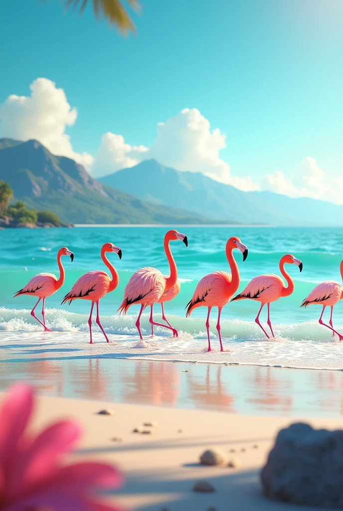 Flamingos on a beach with mountains and blue sky in the background