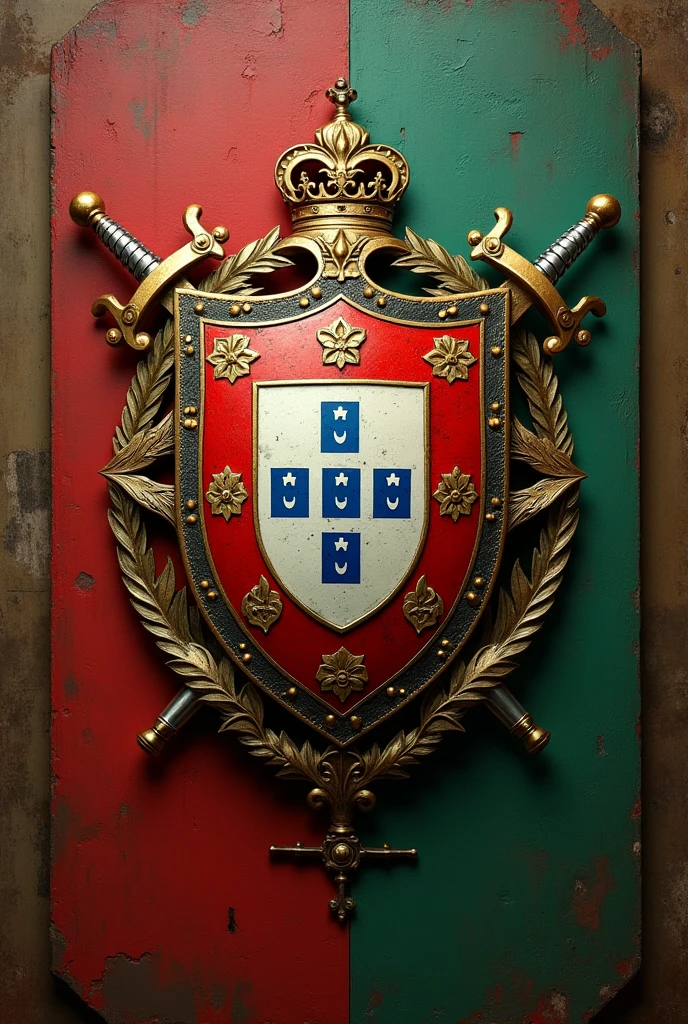 Create a shield coat of arms of the Oliveira family, heraldic style, Crossed Swords, flags Portugal and Brazil, metallic 3d, vintage, oil painting
