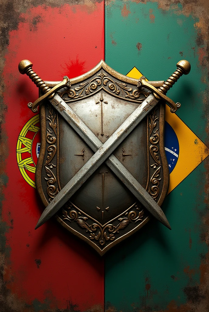 Create a shield coat of arms of the Oliveira family, heraldic style, Crossed Swords, flags Portugal and Brazil, metallic 3d, vintage, oil painting 