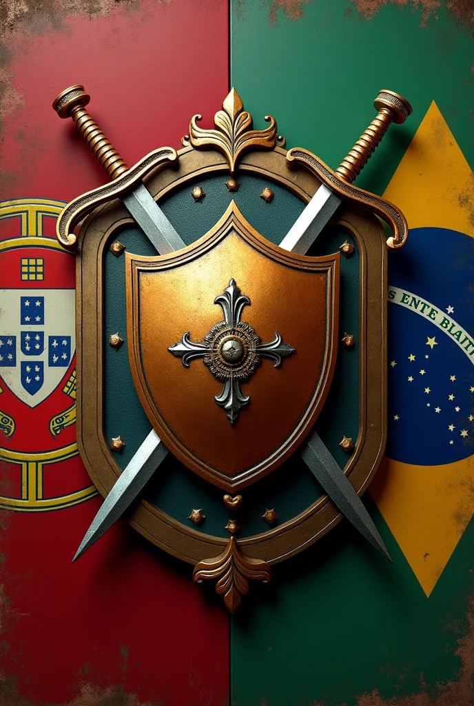 Create a shield coat of arms of the Oliveira family, heraldic style, Crossed Swords, flags Portugal and Brazil, metallic 3d, vintage, oil painting