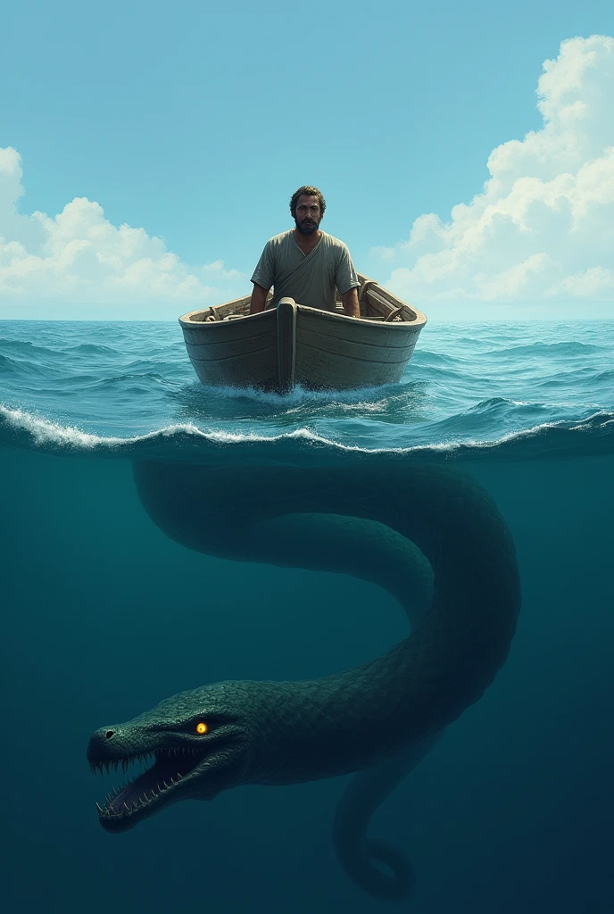 man in a wooden boat in the middle of the ocean, just below in the sea a giant snake fish