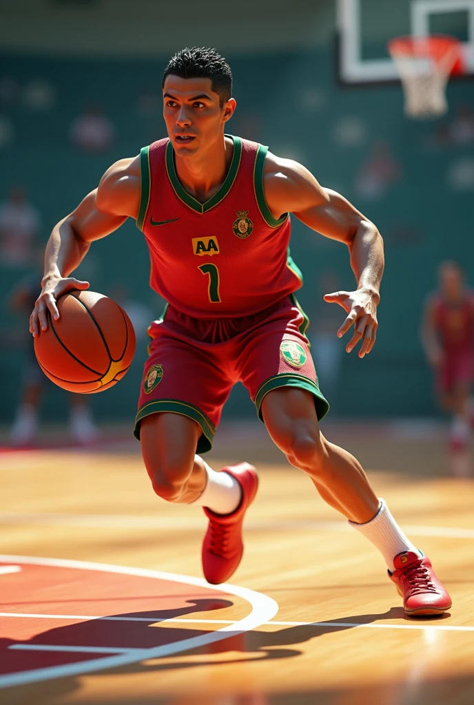 Generates an image of Cristiano Ronaldo playing basketball