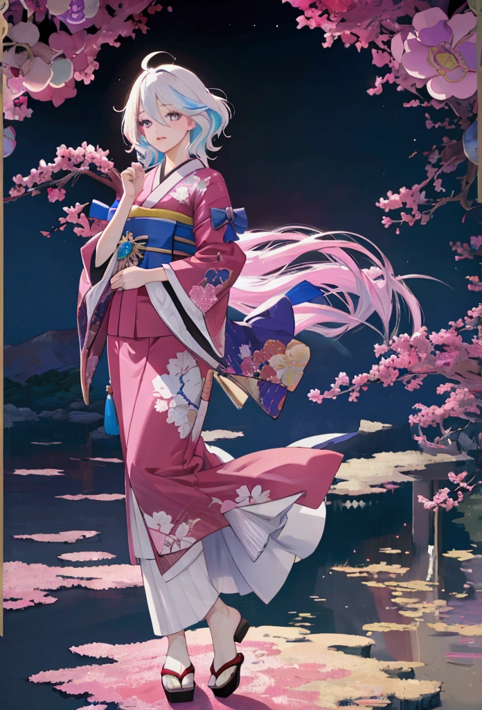 at midnight, long exposure, Vivid_Magenta, full body shot, ultra realistic photo, romantic atmosphere, japanese, piercing, japanese clothes, background photo, female, hyper detailed, masterpiece, 8K