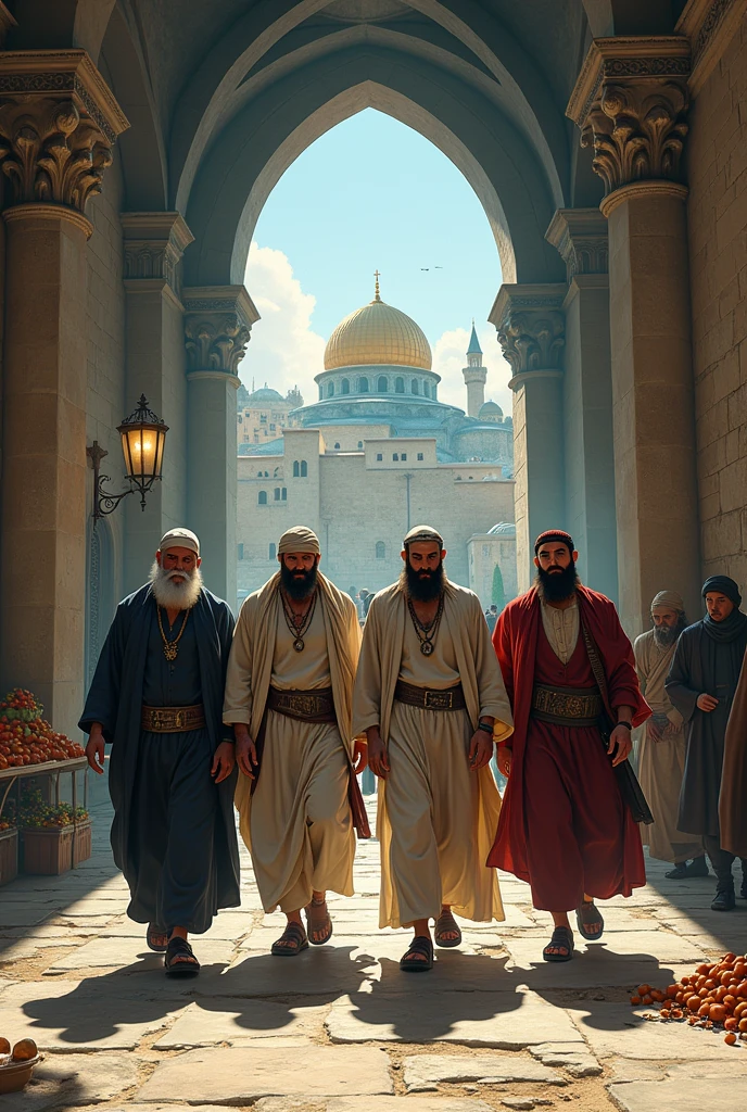 "Four Muslim men with ultra-detailed faces, looking away, are walking together in a medieval European-style church room, used as a field hospital, with Masjid-e-Aqsa visible in the background. Each man has a fit, bodybuilder physique. One is wearing a jubba/bisht, the second is in a thobe, the third in a pathani suit, and the fourth in a kurta pajama. All four are wearing kufis/caps on their heads. One man holds a tasbih (prayer beads) in his hand, another wears rings, one has a shawl or scarf draped over his shoulders, and the last is wearing a watch. The area around them is filled with fruit vendors selling various fruits. The atmosphere outside is dark, and the room is dimly lit by a small lamp. The illustration blends fantasy elements with influences from Gothic, Ukiyo-e, and Comic Art, featuring rich colors that add depth and vibrancy to the scene."