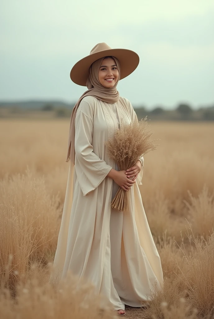 A woman with long hijab flowing stands in a field with dry grass, wearing a flowing cream dress calm and wearing a large hat and holding a bunch of dry plants. The person's face is smiling looking at the camera. The sky is overcast, and the overall color palette of this image tends towards soft earth tones.