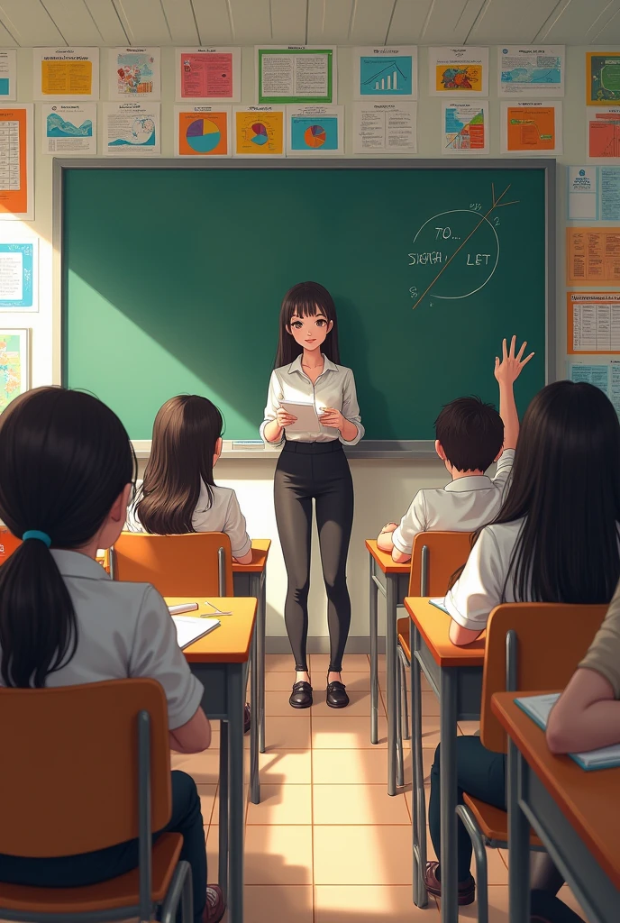 A classroom full of classes and a female teacher in front of the blackboard 
