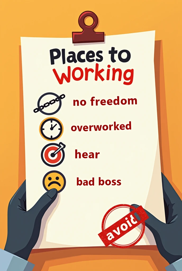 A cartoon-style illustration of a checklist titled 'Places You Should Never Work For,' with each item having a unique, playful icon: a broken chain for 'No Freedom,' a stressed-out clock for 'Overworked,' and a sad face for 'Bad Boss.' The checklist is stamped with a large 'Avoid!' in red. The background features warm, inviting colors, making the graphic bold yet approachable.