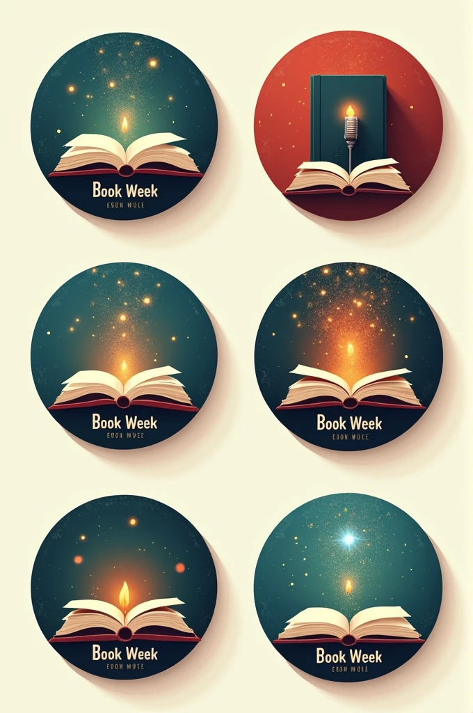 Create 6 buttons alluding to book week, I want the 6 to be seen complete and second those texts that are, I want everyone to have the title of "Book Week" in Spanish and that the books have an aura of mystery and fiction