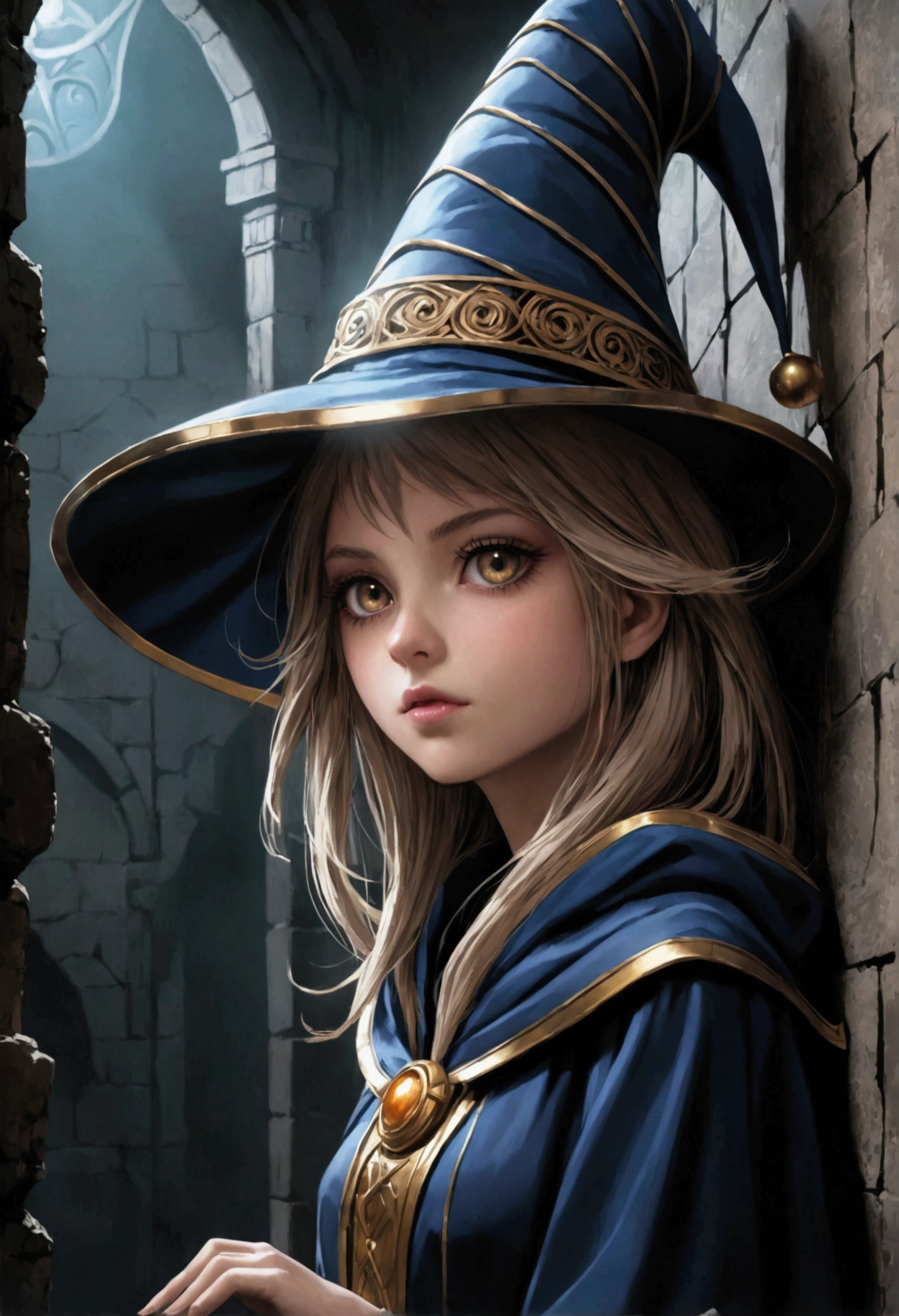 a dark fantasy magician girl, 1girl fucked. She fucked near the wall in dog pose, wearing a large magician's hat, open dark robes, leaning against dungeon wall, brown and dark tones, detailed facial features, extremely detailed eyes and face, long eyelashes, dramatic lighting, moody atmosphere, fantasy, concept art, professional, intricate details, digital painting, photorealistic, 8k, best quality
