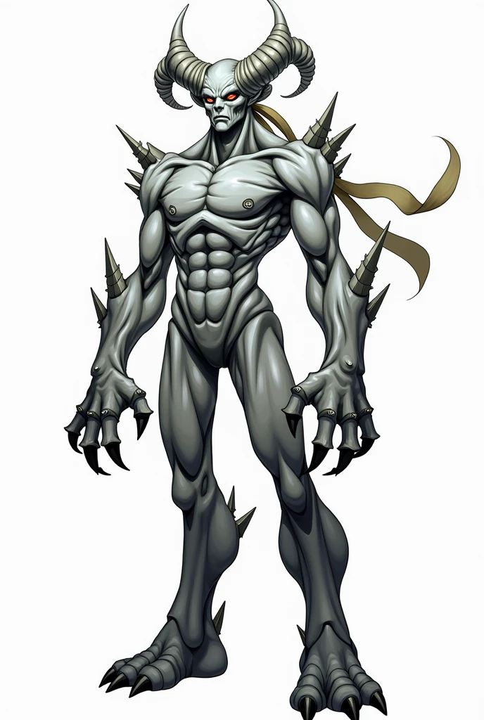 character, humanoid, horns all over the body, gray skin, ribbon on one of his shoulders, spikes in their hands, anime, White background