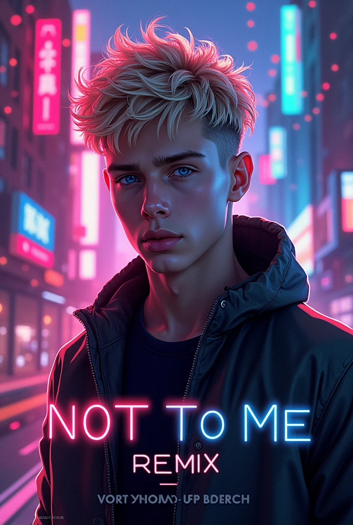 Create an image to put on the cover of the musical production NOT TO ME remix made by a  DJ. Young DJ, dry male blond with blue eyes. The cover must have the theme of the song. be more creative