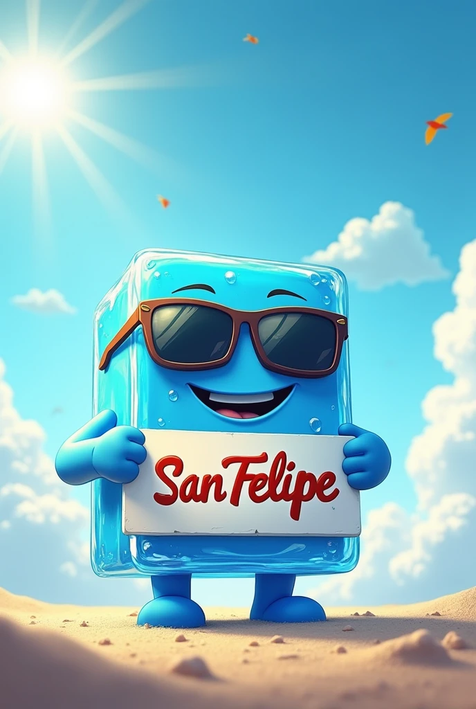 Animated ice cube with hands and feet, wearing sunglasses, that promotes the brand “San Felipe” with a sign holding it , that has a background with clouds and sun (curious)
That helps promote the purchase 