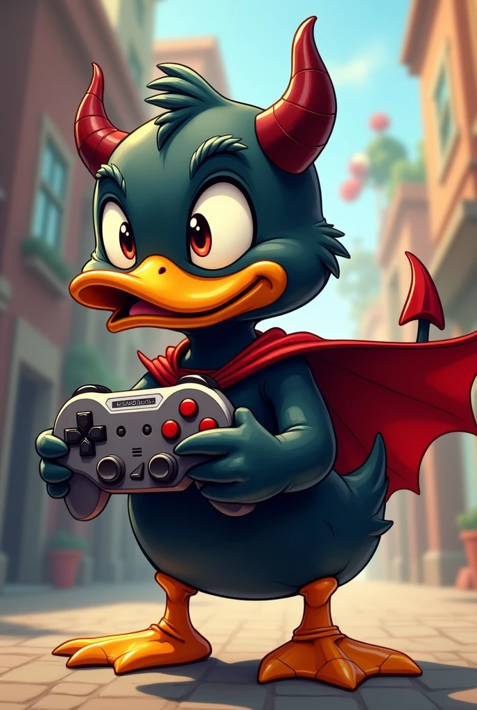  A cute cartoon-style duck wearing a black devil outfit with a video game controller in his hand   