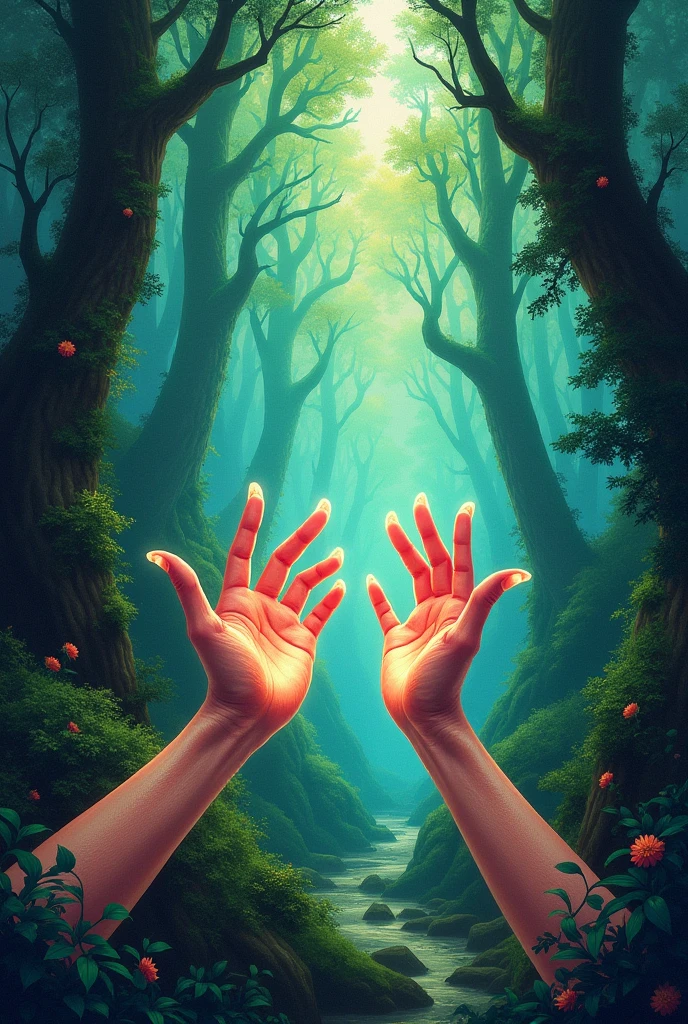 An abstract art but full of bright illuminated colors and two delicate hands about to touch each other , surrounded by a forest 