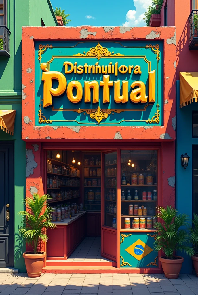 front of a store with a panel with the name Distribuidora Pontual in the most creative Brazil