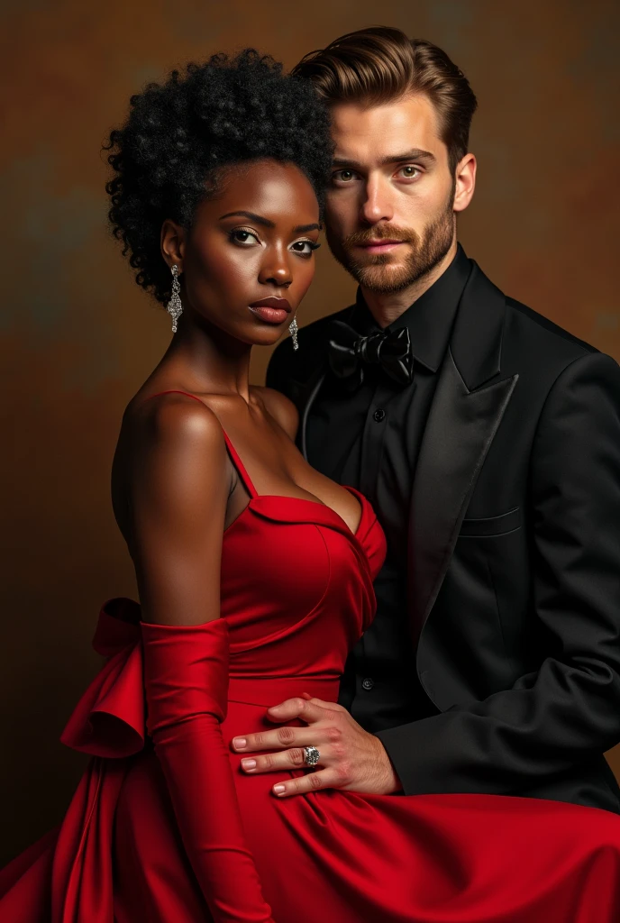 women, Brown skin color, high, a little weight in passing, short dark brown afro curly hair, Almond eyes with double eyelids, few eyebrows, hourglass body, mole almost in the middle of the eyebrows, diamond face shape, long and slender hands, long feet size 9, dressed in a red dress, next to a tall man, Caucasian, light brown hair, light brown eyes, with a bushy beard,dressed in a formal black suit.