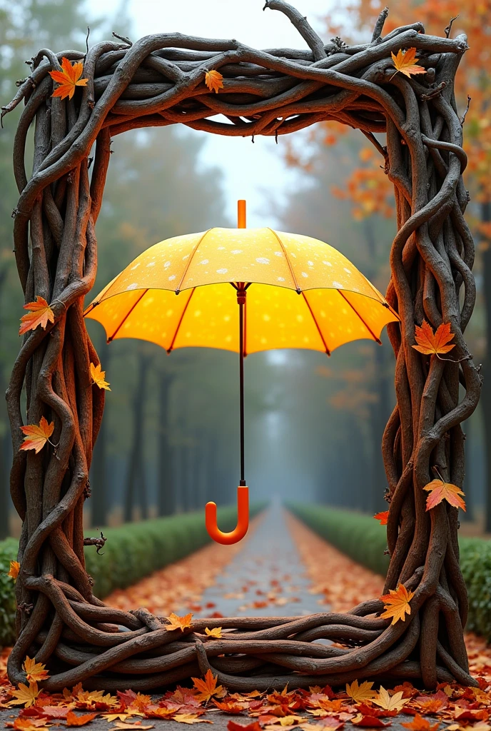 Giant photo frame using dry branches and leaves, yellow dots colorful umbrella