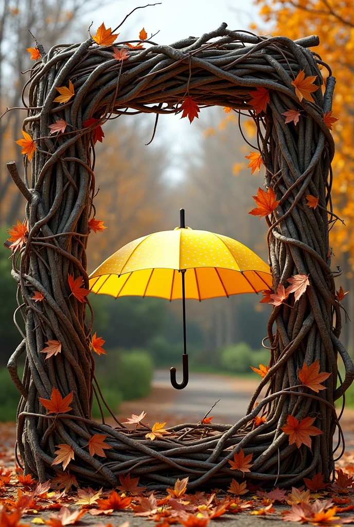 Giant photo frame using dry branches and leaves, yellow dots colorful umbrella