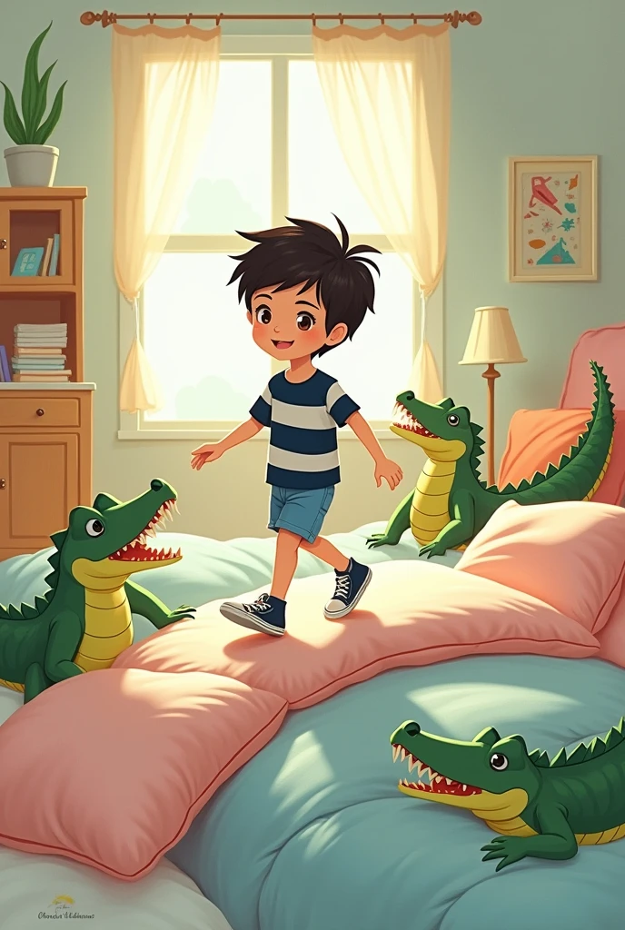 Cartoon of  in the middle of the room walking on a bridge of pillows with slippers and crocodiles around the room short black hair dark brown eyes light skin wearing navy blue and white striped shirt denim shorts all star sneakers happy and with an innocent look