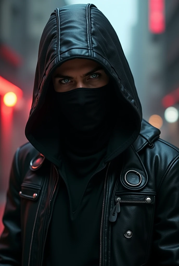 male character, with black mask, white eyes, cyberpuk, character facing forward, with hood,