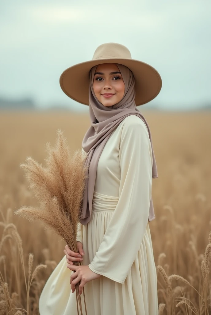 A woman with long hijab flowing stands in a field with dry grass, wearing a flowing cream dress calm and wearing a large hat and holding a bunch of dry plants. The person's face is smiling looking at the camera. The sky is overcast, and the overall color palette of this image tends towards soft earth tones.