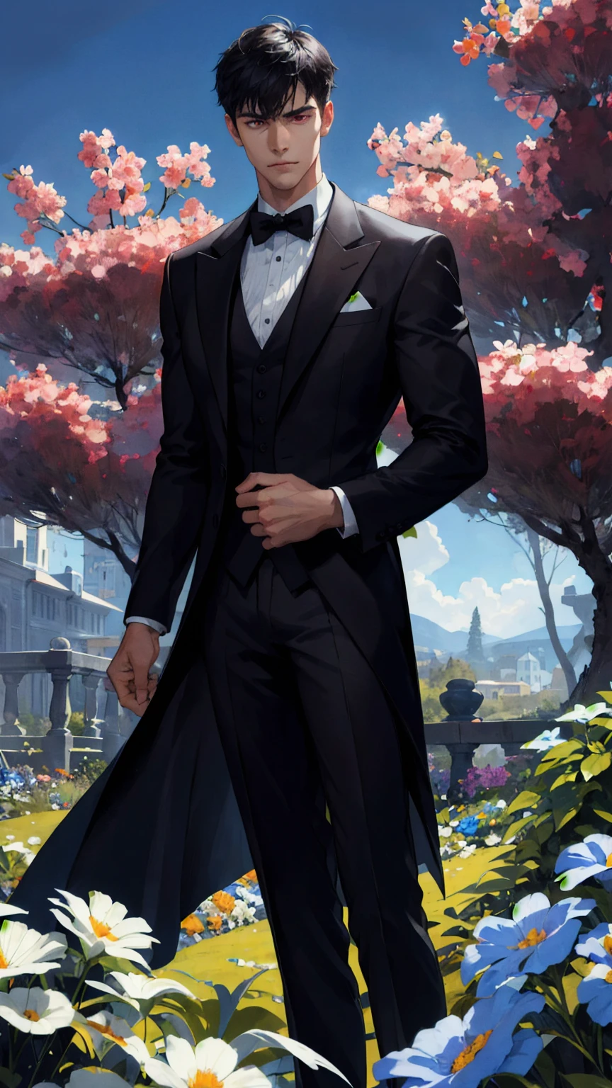 (absurdres, highres, ultra detailed), 1 male teen, young, aged up, handsome, tall muscular guy, broad shoulders, very short black hair with bangs, red eyes, finely detailed eyes and detailed face, extremely detailed CG unity 8k wallpaper, intricate details, (style-swirlmagic:0.8), portrait, looking at viewer, solo, (full body:0.6), dynamic pose, detailed background, sinister and cold expression, black tuxedo suit, {(garden background with lots of flowers with bright blue sky with sunlight)}, cowboy shot