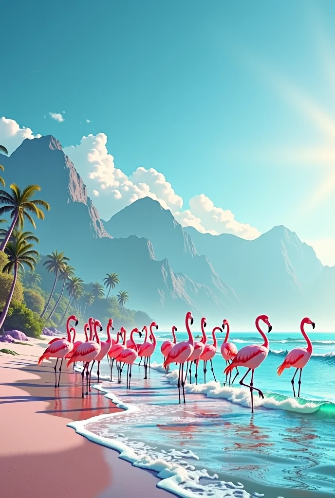 Flamingos on a beach with mountains and blue sky in the background