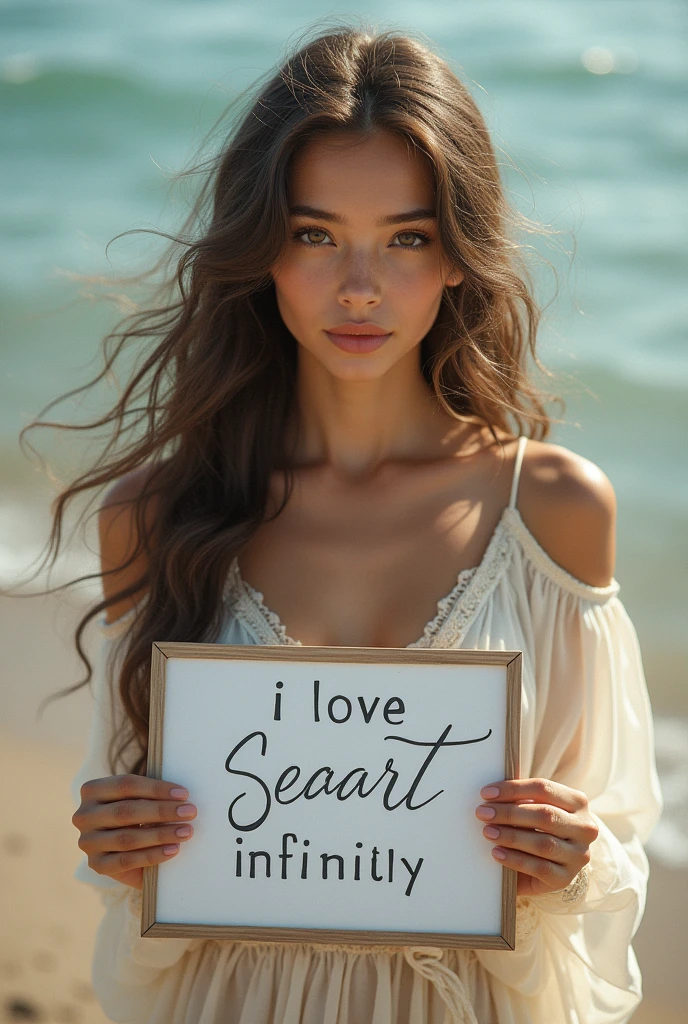 Beautiful girl with wavy long hair, bohemian dress, holding a white board with text "I Love Seaart Infinity" and showing it to the viewer