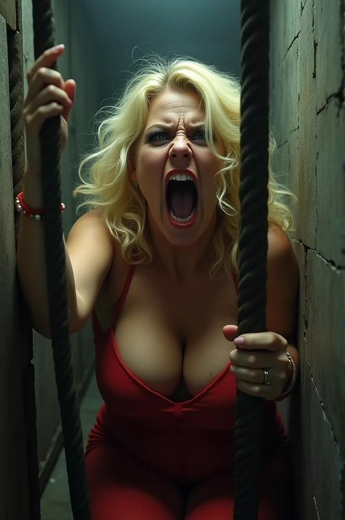 Beautiful blonde woman with big breasts in a dress with a big neckline screams angry and holds on to bars in prison