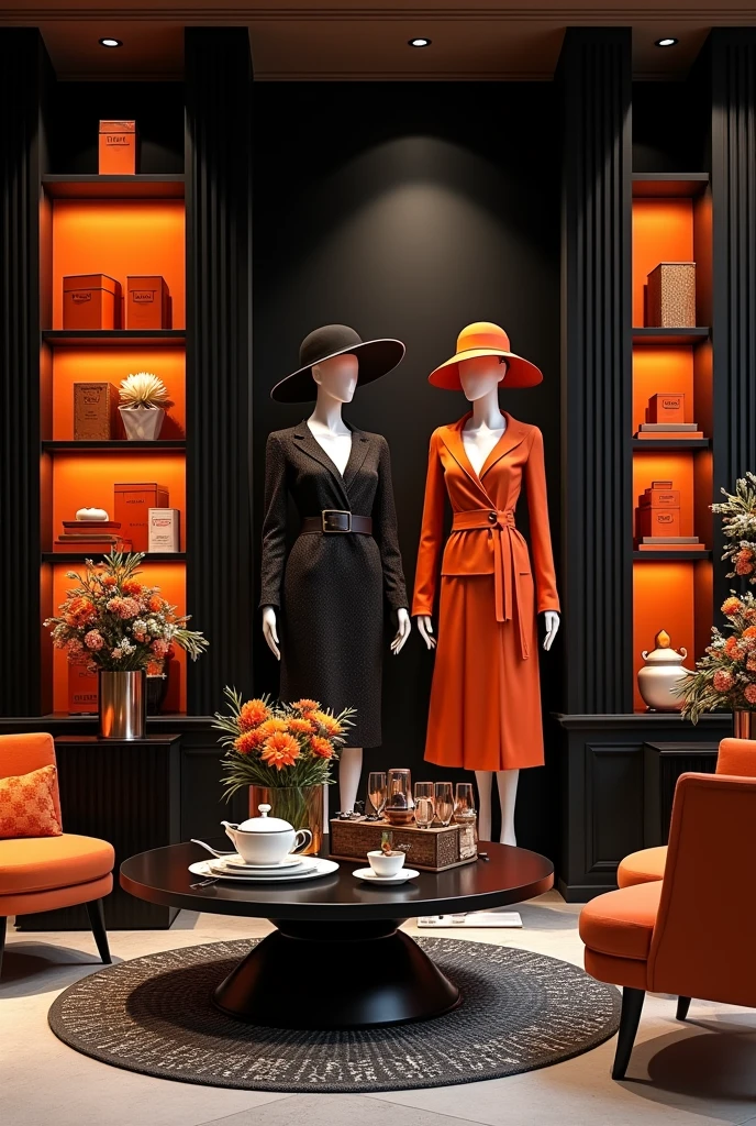 Scene Overview:

	•	The scene is set in a luxurious corner, designed to evoke elegance and sophistication.
	•	Color Theme: The primary colors are black, white, gold, and pops of vibrant orange.

Background:

	•	Bookshelves: L Shaped Black bookshelves filled with vibrant orange Venchi chocolate gift boxes and T9 Tea cans, alongside mooncake boxes.
	•	Decorative Elements: The bookshelves also feature soft decorative items, such as small floral arrangements or delicate ornaments, adding a touch of warmth and contrasting beautifully with the orange accents.

Centerpiece:

	•	Mannequins: On the chairs, there are two mannequins dressed in Valentino outfits sitting down on the chairs.
	•	Outfits: Elegant dresses in a classic Valentino style, complemented by matching hats, heels, handbags, and luxurious jewelry.
	•	Colors: The clothing and accessories maintain the black, white, and gold theme, ensuring a sophisticated look against the bold orange backdrop.

Furniture:

	•	Tea Table: A sleek black tea table is placed on a black-and-white mixed-colored art-deco round rug.
	•	Tea Rack: On the table, there’s a tea rack holding Venchi chocolates and T9 Tea items, with the orange packaging adding a striking pop of color.
	•	Tableware: Wedgwood tea sets and champagne glasses are elegantly arranged on the table.

Seating:

	•	Chairs: Beside the table, there are plush velvet chairs, inviting guests to sit and enjoy the scene. The velvet chairs could be in a deep, rich color like black or dark gold, complementing the vibrant orange accents.

Decorative Touches:

	•	Floral Arrangements: Soft, delicate flowers in muted tones, such as whites or light golds, are placed around the scene, adding a fresh and natural element that contrasts nicely with the orange.
	•	Additional Decorations: Other soft decorative items, such as candles or small sculptures, are carefully placed to enhance the overall ambiance while ensuring the orange elements stand out.