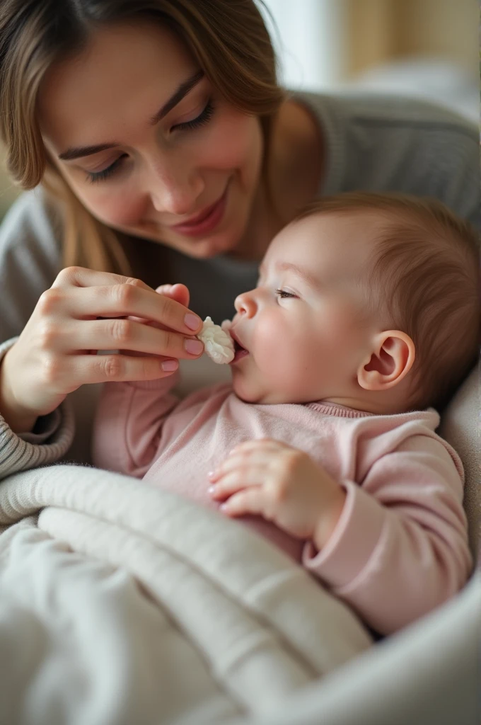 Maman, point de vue du bébé, maman donne la tétine, lit pour bébé, pièce enfantine