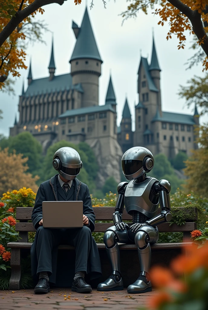 Harry Potter and robot sitting in a bench with laptop in a hand of Harry Potter in front of Hogwarts school make robot shorter then harry and background colourful