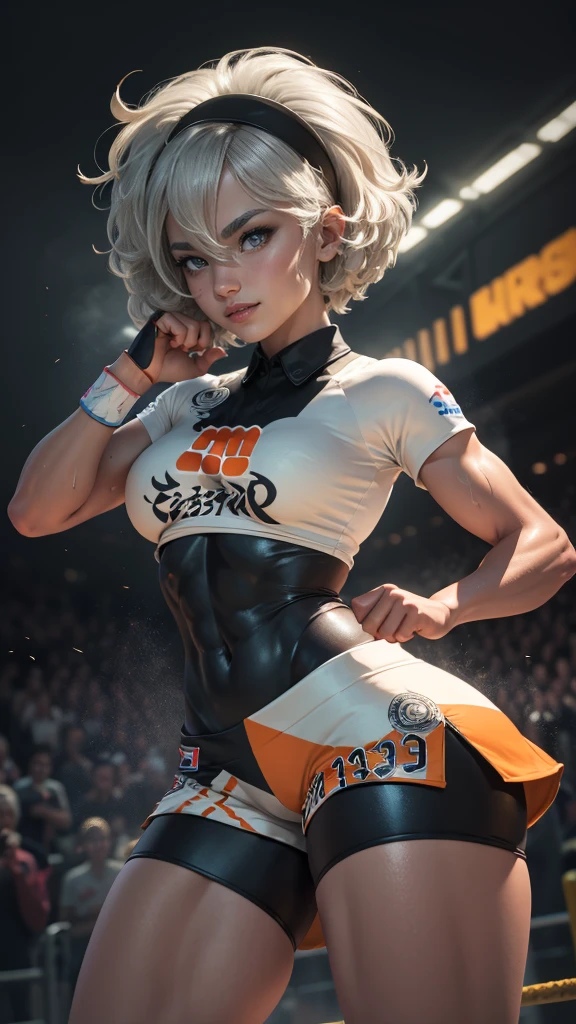 Bea da pokemon,(best qualityer,4K,8k,high resolution, work of art:1.2)(weather: cloudy), sport field background, short curly hair, gray hair, cropped shirt, micro shorts, thigh high stockings, headband, gloves, leotard, nipples, ultra detailed, realistic, beautiful detailed gray eyes, beautiful detailed lips, extremely detailed eye and face, extremely detailed hands, long eyelashes, average, medium breasts, flying hair, beaming smile, powerful girl in a combat, king fu stance, sweating, bright coloured, dramatic lighting, sports celebration,
