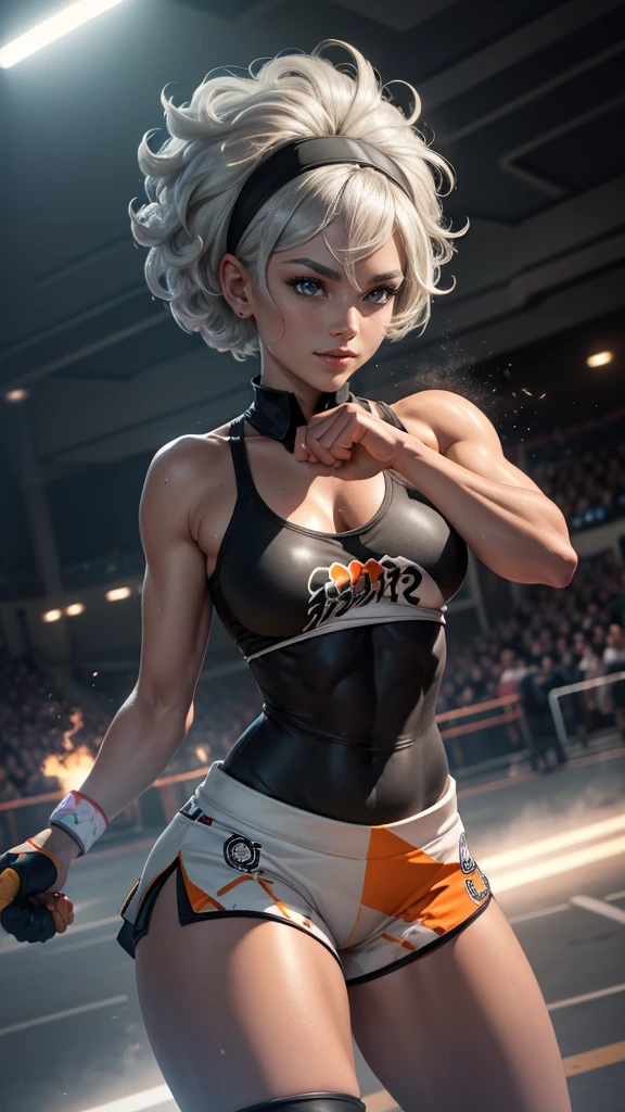 Bea da pokemon,(best qualityer,4K,8k,high resolution, work of art:1.2)(weather: cloudy), sport field background, short curly hair, gray hair, cropped shirt, micro shorts, thigh high stockings, headband, gloves, leotard, nipples, ultra detailed, realistic, beautiful detailed gray eyes, beautiful detailed lips, extremely detailed eye and face, extremely detailed hands, long eyelashes, average, medium breasts, flying hair, beaming smile, powerful girl in a combat, king fu stance, sweating, bright coloured, dramatic lighting, sports celebration,