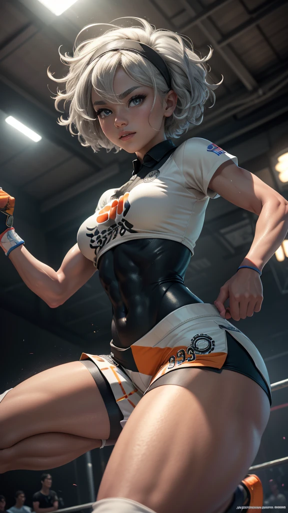 Bea da pokemon,(best qualityer,4K,8k,high resolution, work of art:1.2)(weather: cloudy), sport field background, short curly hair, gray hair, cropped shirt, micro shorts, thigh high stockings, headband, gloves, leotard, nipples, ultra detailed, realistic, beautiful detailed gray eyes, beautiful detailed lips, extremely detailed eye and face, extremely detailed hands, long eyelashes, average, medium breasts, flying hair, beaming smile, powerful girl in a combat, king fu stance, sweating, bright coloured, dramatic lighting, sports celebration,