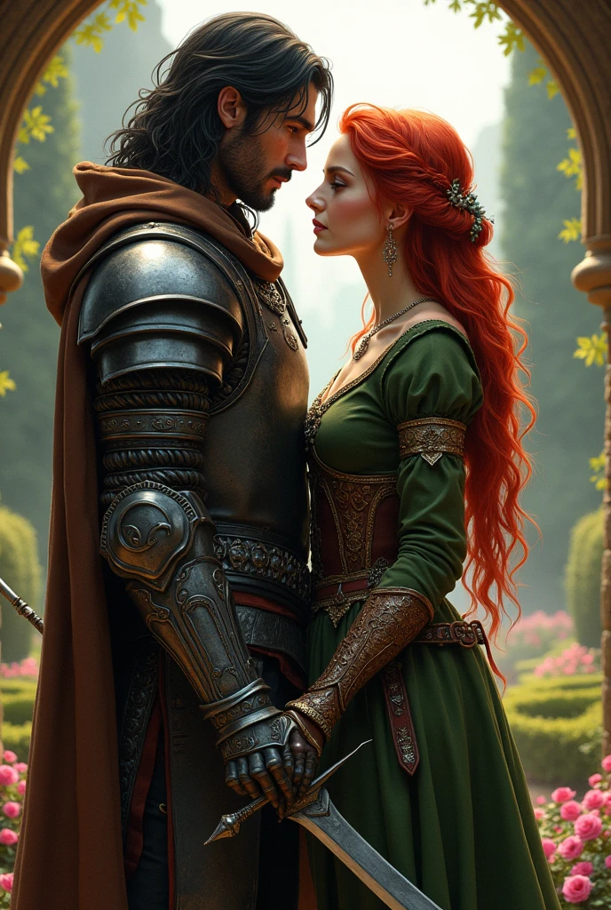 Generate a man who looks like (Ronnie Radke). (He has long black hair.) He wears black and grey armor with a long brown cloak and hood. He holds a lance with a wide blade. A woman who looks like (Triss Merigold) stands next to him. (She has red hair.) She wears green and brown fantasy witch light armor. They look at each other woth love. They are in a royal gardens. Fantasy style. Realistic digital (drawn) image.
