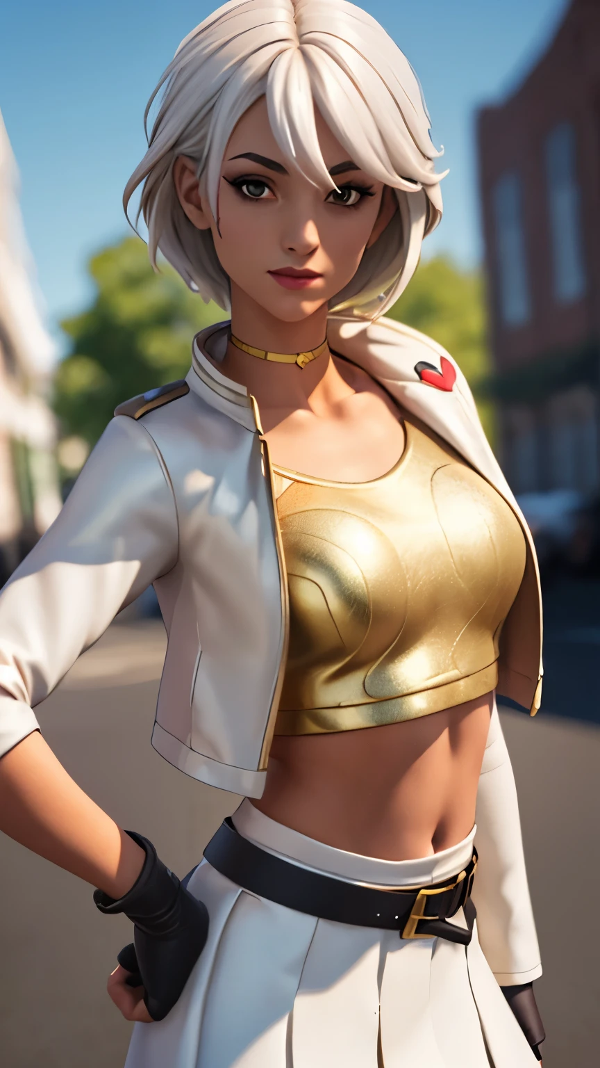 City background, 1girl, solo, AphroditeFN, Aphrodite from fortnite, (crop top, gold top, open clothes), (jacket crop top, white jacket, jacket loose, one short sleeve, one long sleeve), fingerless gloves, white skirt, miniskirt, belt, white hair, short hair, lipsticks, smirk, heart, upper body, looking at viewer,